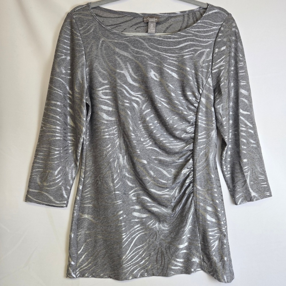 Travelers by Chico's Metallic‎ Zebra Print Blouse Grey Silver Size 0 (Small 4)